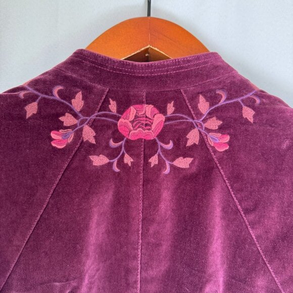 Lucky Brand Live In Love Burgundy Velvet Floral Embroidered Open Front Blazer - Picture 10 of 16